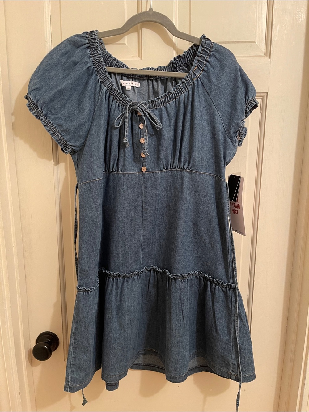 Celebrity Pink Denim Peasant Dress - Blue - Picture 2 of 4
